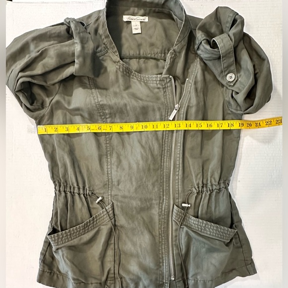Kenneth Cole Army Green Zip Up Cinched Waist Overlap Front Linen Cotton Sz SM - Picture 7 of 10